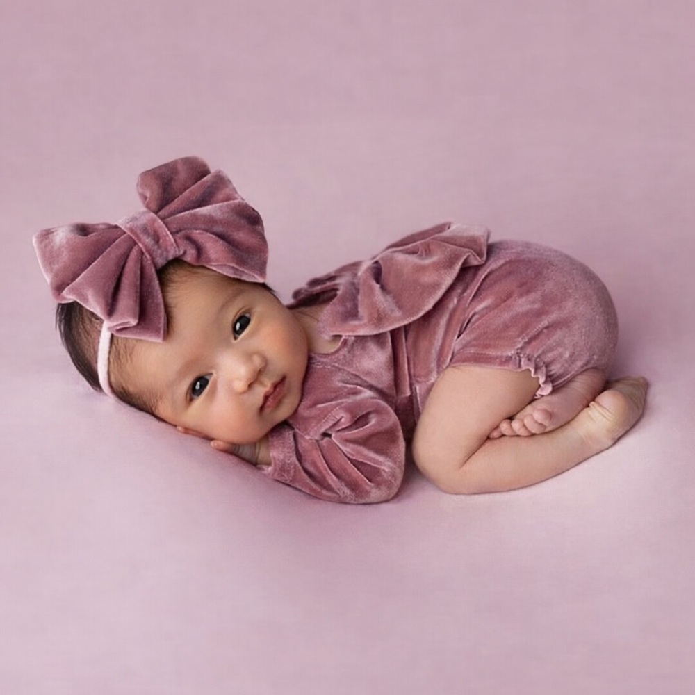 Newborn Velvet Romper Set | Mauve Baby Girl Outfit | Open Back Bow Romper